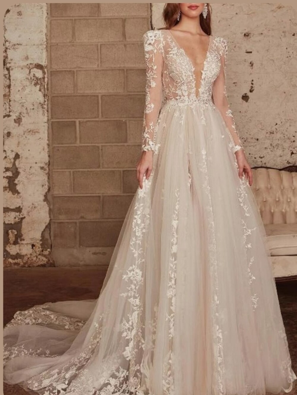 NEW Wedding Ivory White Lace Long Sleeve Train Ball Gown Wedding Dress Size 10